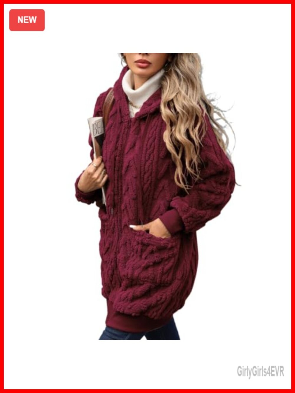 Sherpa Fleece Zip-Up Hoodie Jacket Mid-Long Loose Fit Women